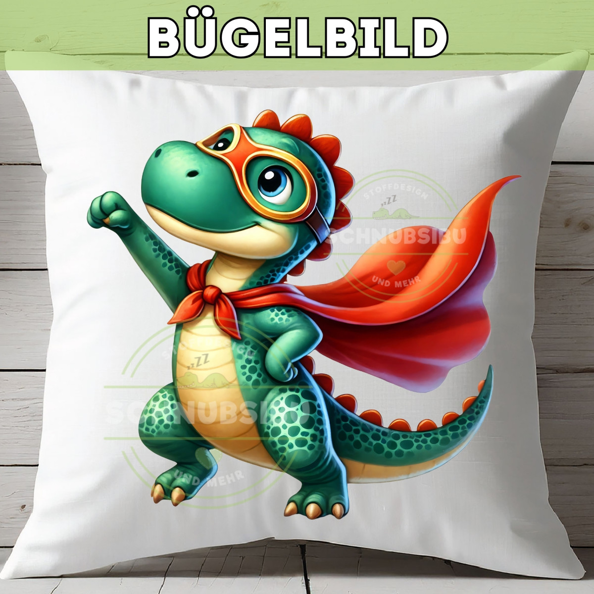 Bügelbild Niedlicher Dino Superheld rot
